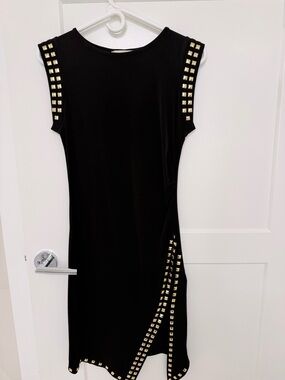 Michael Kors Black Midi Dress with Gold Stud Trim